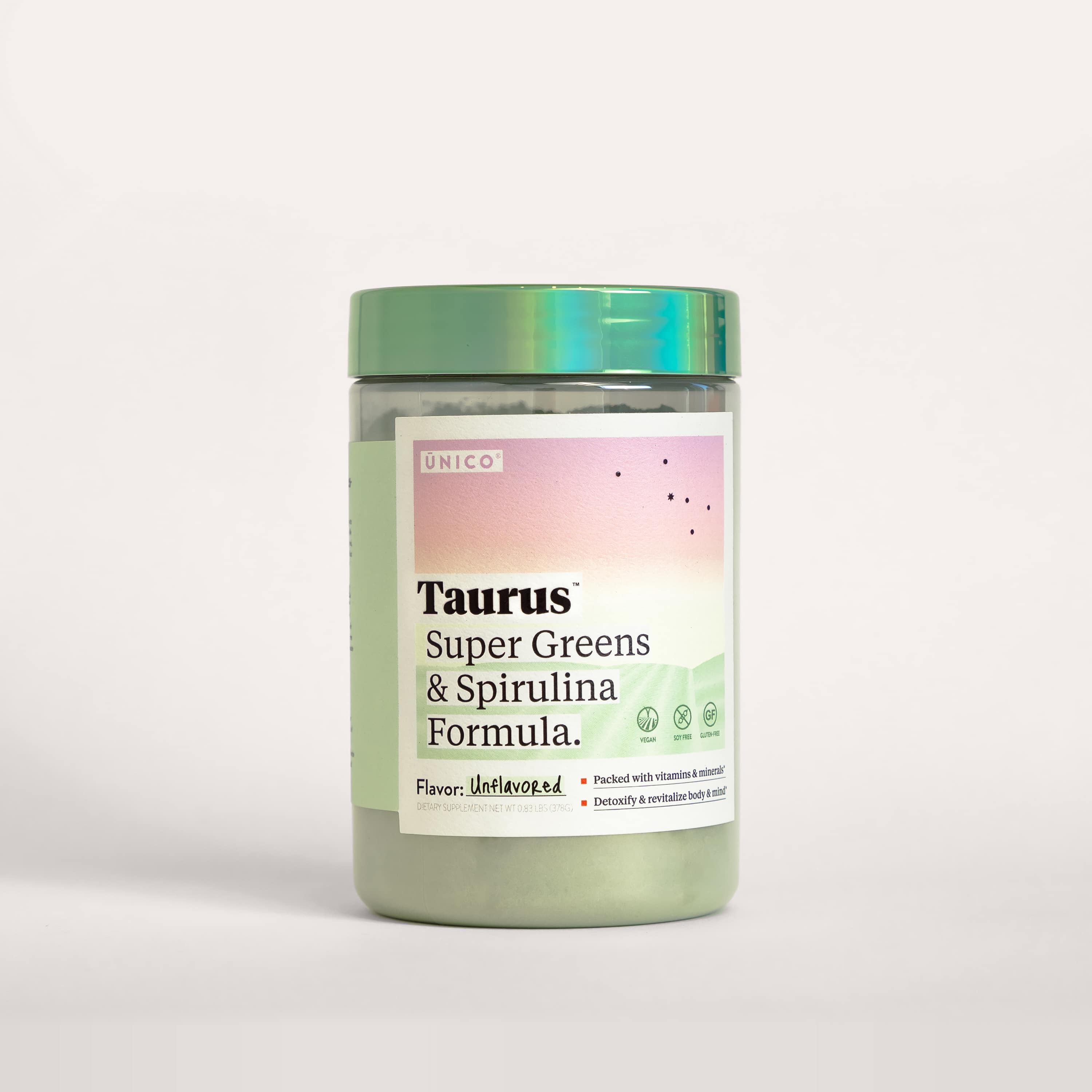 unico taurus super greens supplement - antioxidant formula with organic vegetables and spirulina packaging photo on studio with dramatic lighting