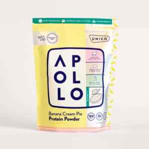 unico apollo banana cream pie protein 16 servings stand-up pouch- studio photo of protein powder in neutral background setting