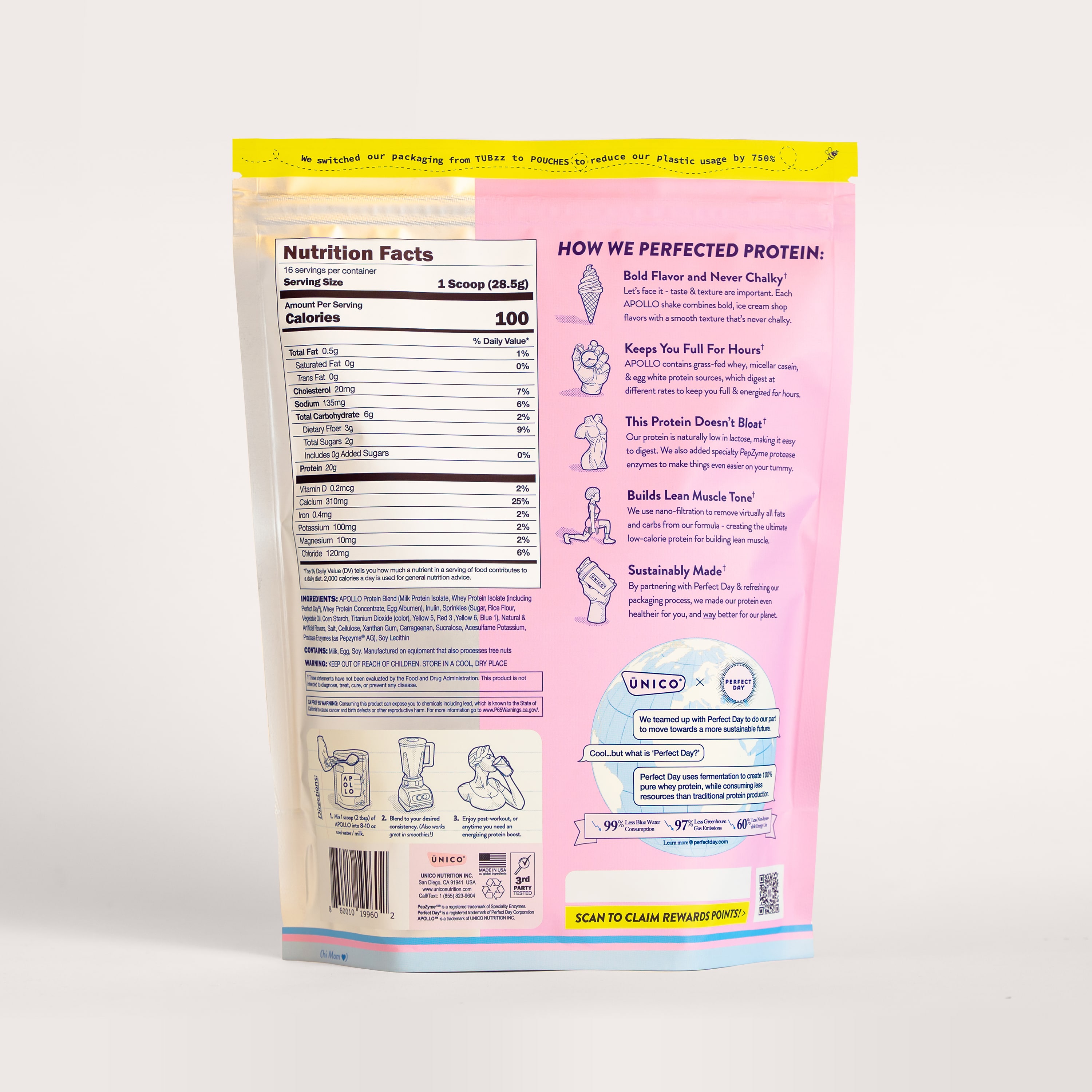 unico apollo birthday cake protein powder - back view of packaging with details on ingredients and nutritional information