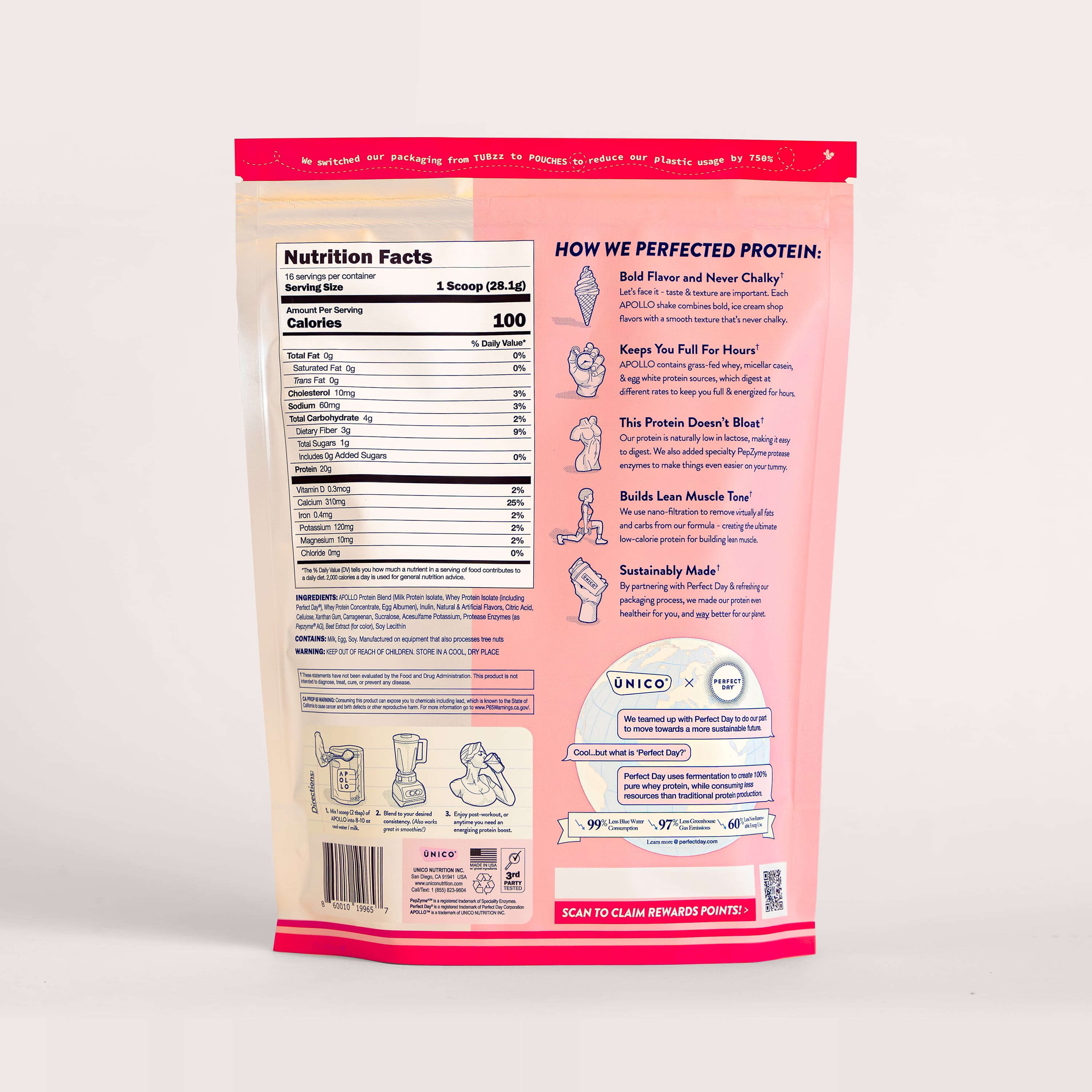 unico protein strawberry shakes in the apollo line -- back of packaging featured with visible directions, and other information