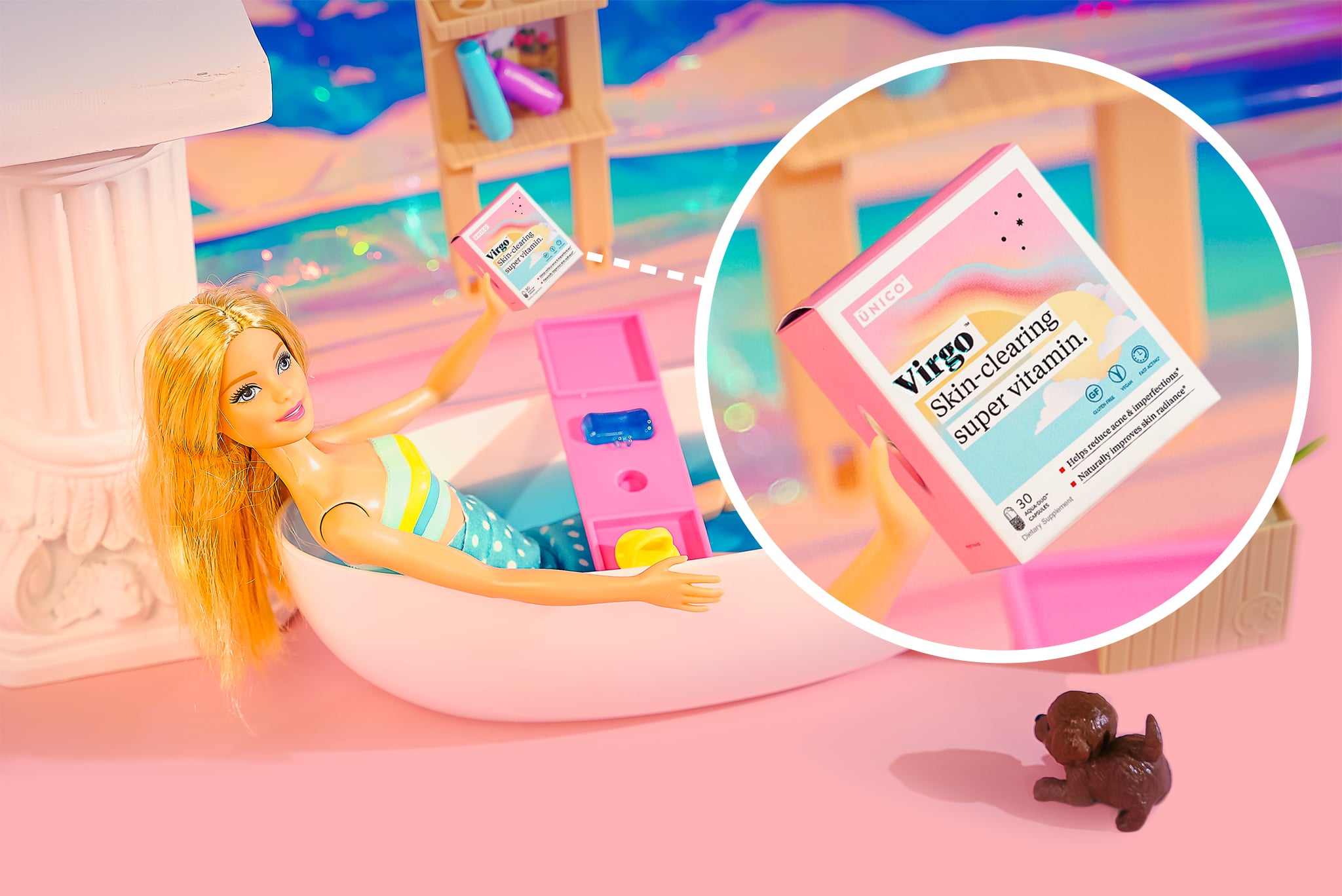 barbie in bathtub holding an antioxidant supplement