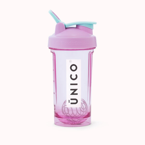 cute purple shaker bottle with unico logo