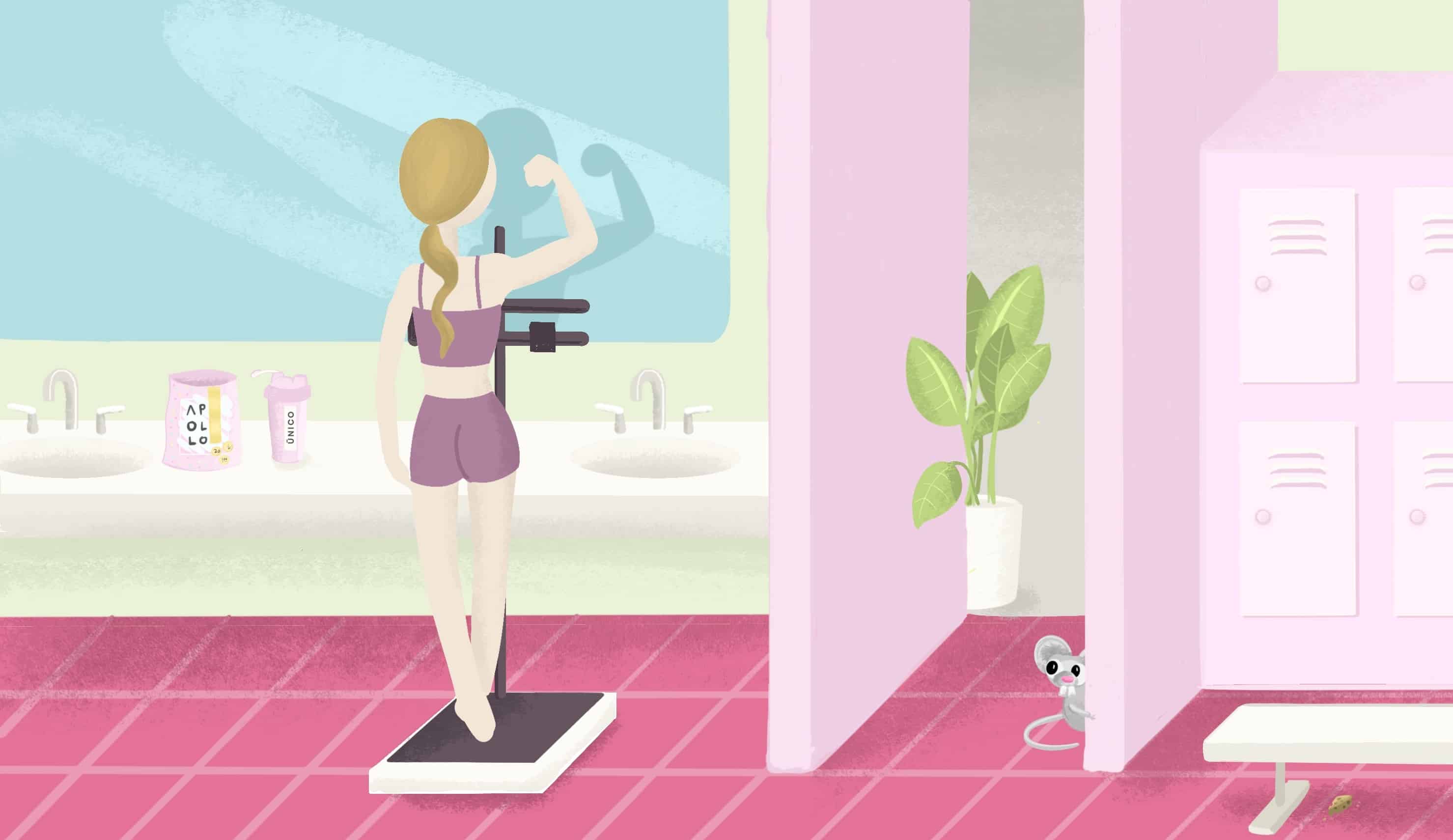 cartoon of woman flexing in front of mirror in gym locker room after a post-workout protein shake