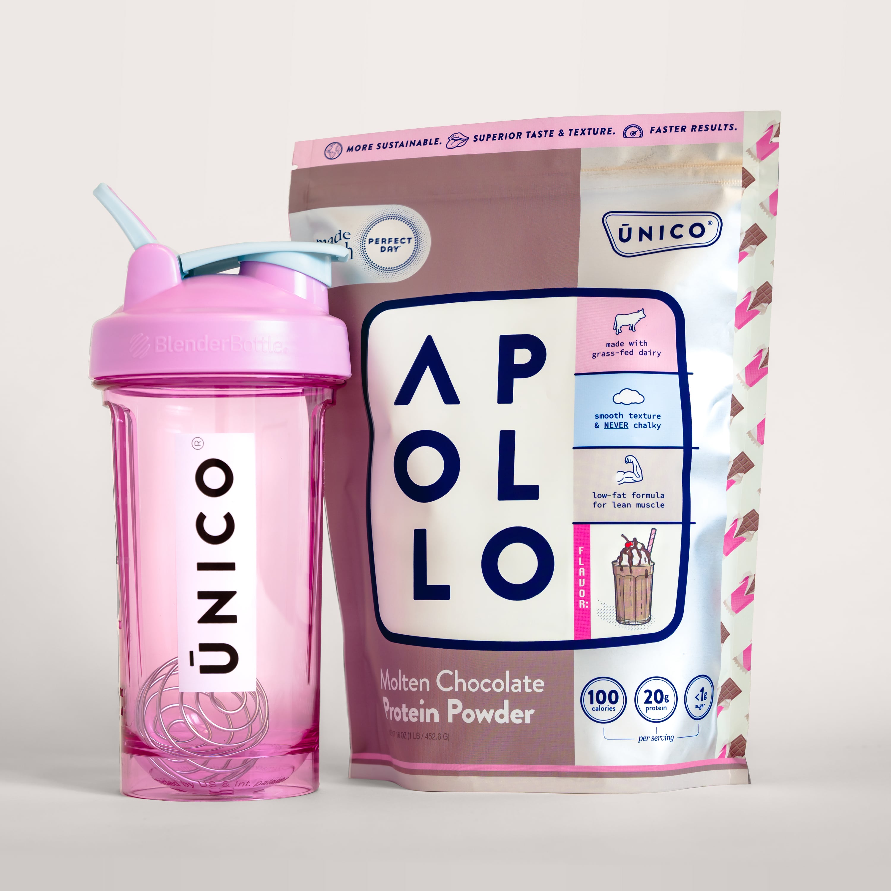 unico shaker and protein powder stack photo featuring chocolate flavored protein powder and cute purple shaker bottle