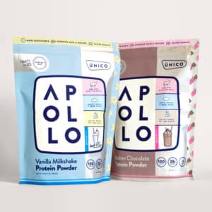 two bags of Apollo pure protein powder from UNICO Nutrition -image features a chocolate flavor and a vanilla flavor together