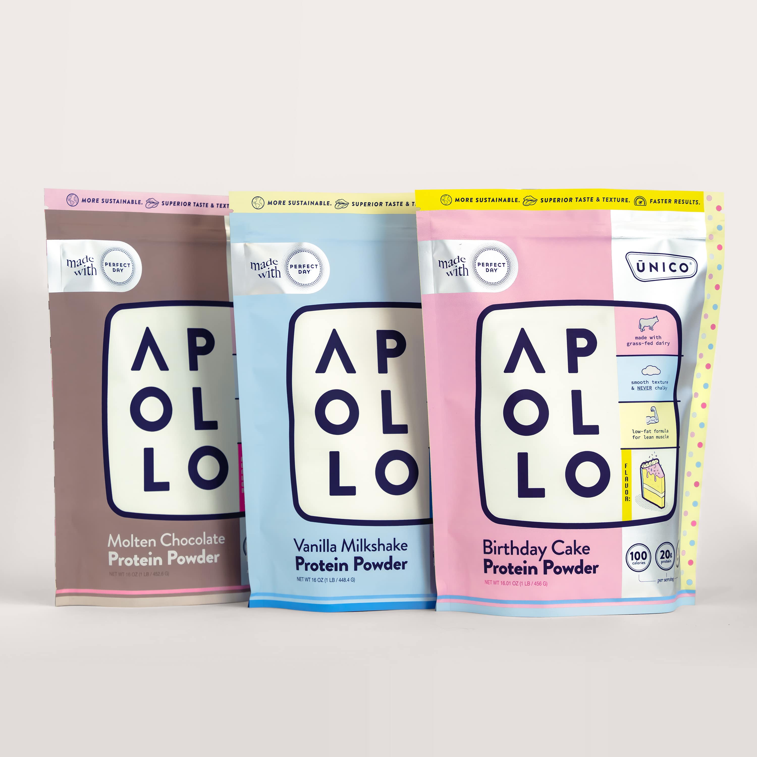 Apollo protein three protein flavor combo showing vanilla, birthday cake, and chocolate pouches