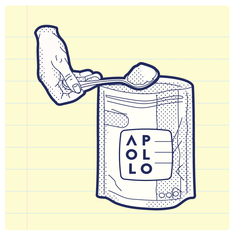 illustration showing a protein powder pouch being torn open
